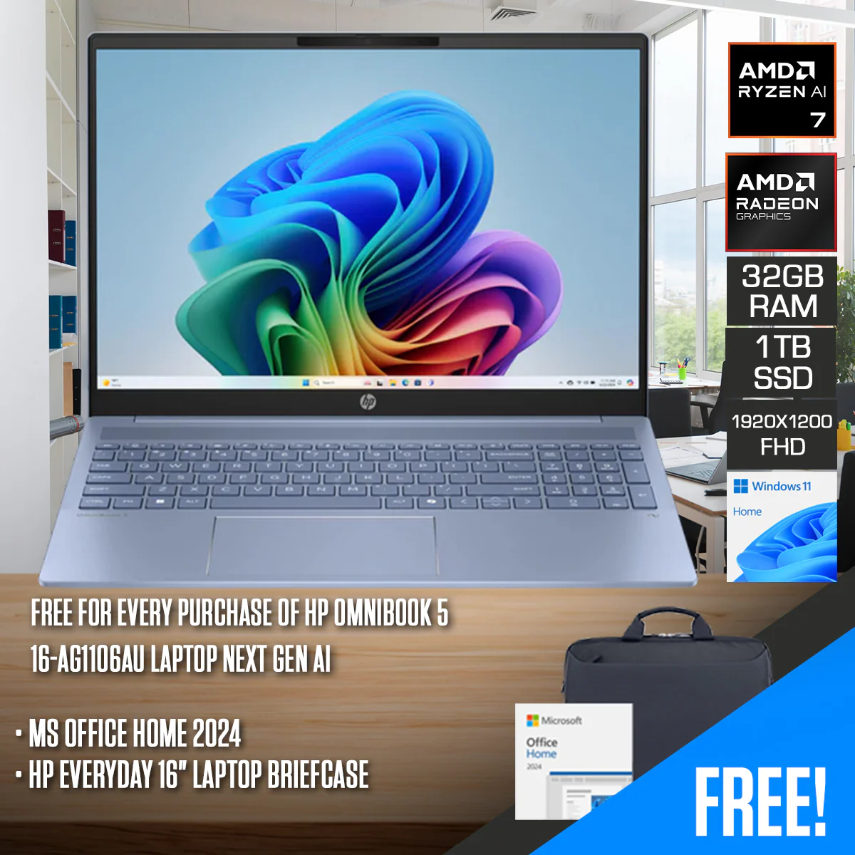 HP OmniBook 5 16-ag1106AU Laptop Next Gen AI (Sky Blue) | 16" 2K (1920x1200) IPS | Ryzen AI 7 350 | 32GB RAM | 1TB SSD | AMD Radeon 860M | Windows 11 Home | MS Office Home 2024 + HP Everyday 16" Laptop Briefcase