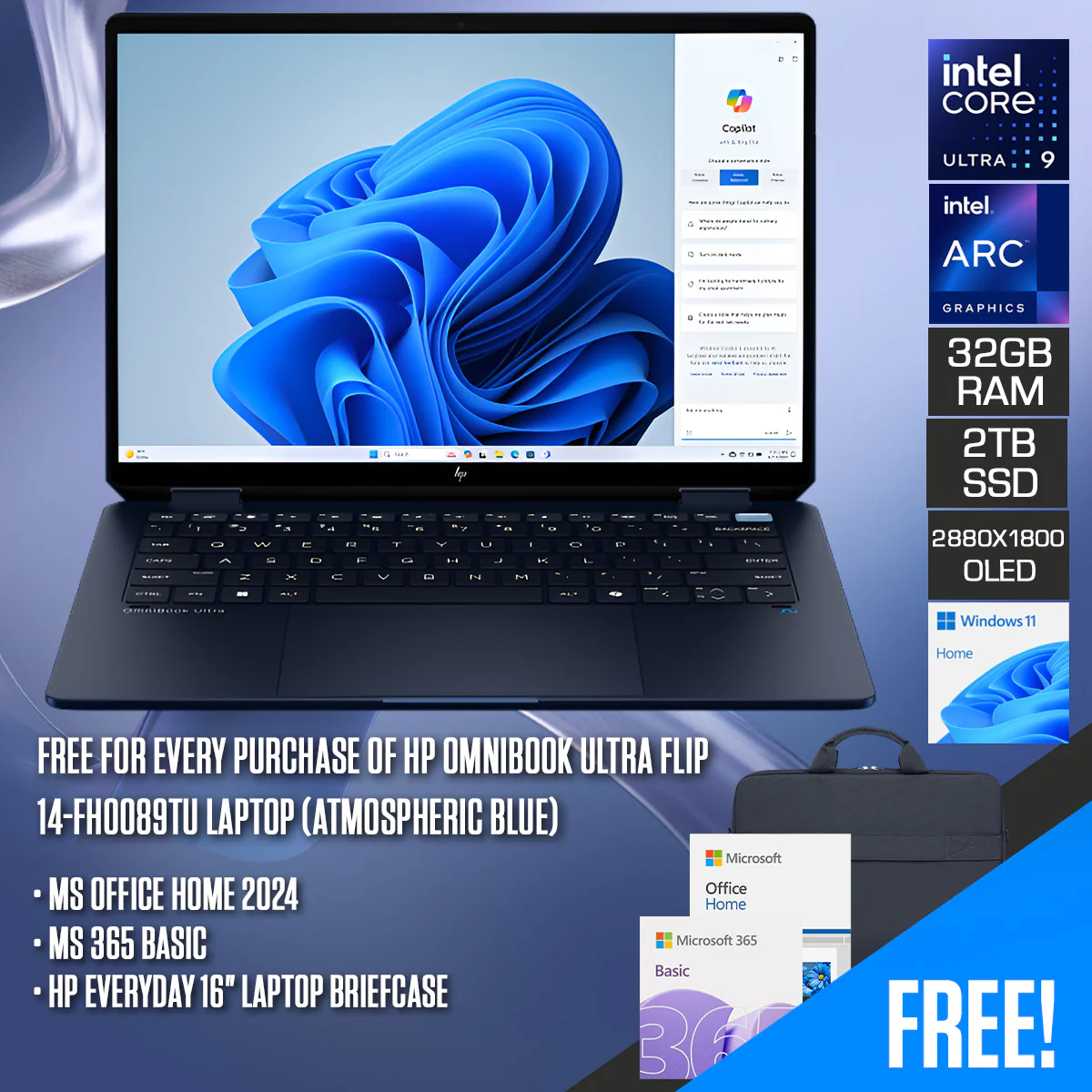 HP OmniBook Ultra Flip 14-fh0089TU Laptop (Atmospheric Blue) | 14" 2.8K (2880x1800) 120Hz OLED Touch | Intel Core Ultra 9 288V | 32GB RAM | 2TB SSD | Intel Arc Graphics | Windows 11 Home | MS Office Home 2024+MS 365 Basic+HP Everyday 16" Laptop Briefcase