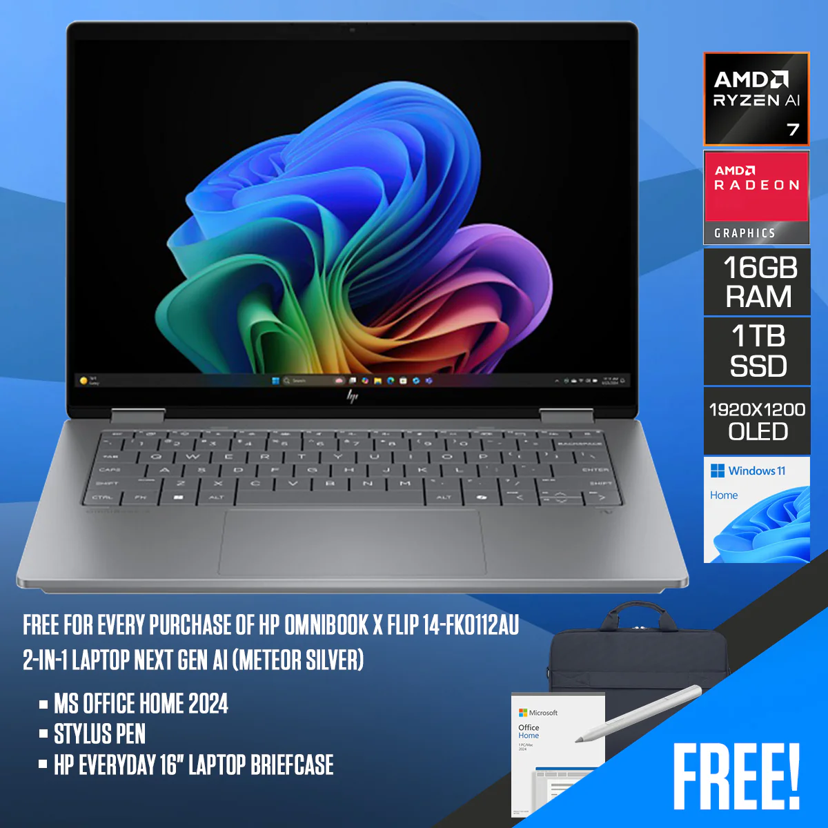 HP OmniBook X Flip 14-fk0112AU 2-in-1 Laptop Next Gen AI (Meteor Silver) | 14" 2K (1920x1200) UWVA OLED Touch | Ryzen AI 7 350 | 16GB RAM | 1TB SSD | AMD Radeon 860M | Windows 11 Home | MS Office Home 2024 + Stylus Pen + HP Everyday 16" Laptop Briefcase