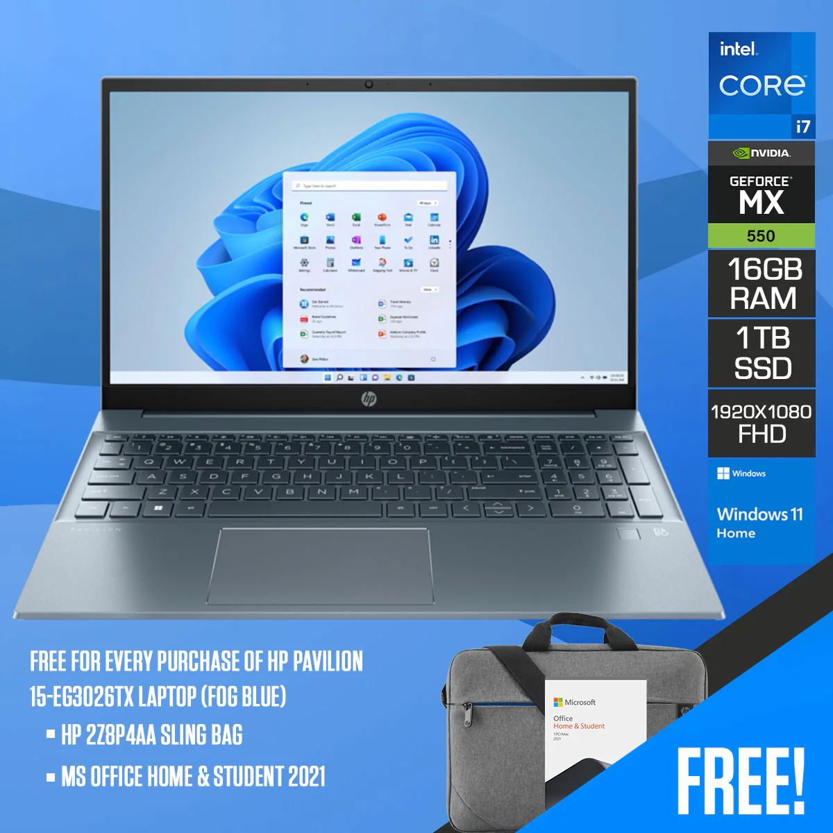 HP Pavilion 15-EG3026TX Laptop (Fog Blue) | 15.6" FHD (1920X1080) | I7-1355U | 16GB RAM | 1TB SSD | Nvidia Geforce MX550 | Windows 11 Home | MS Office Home & Student 2021 | HP 2Z8P4AA Sling Bag