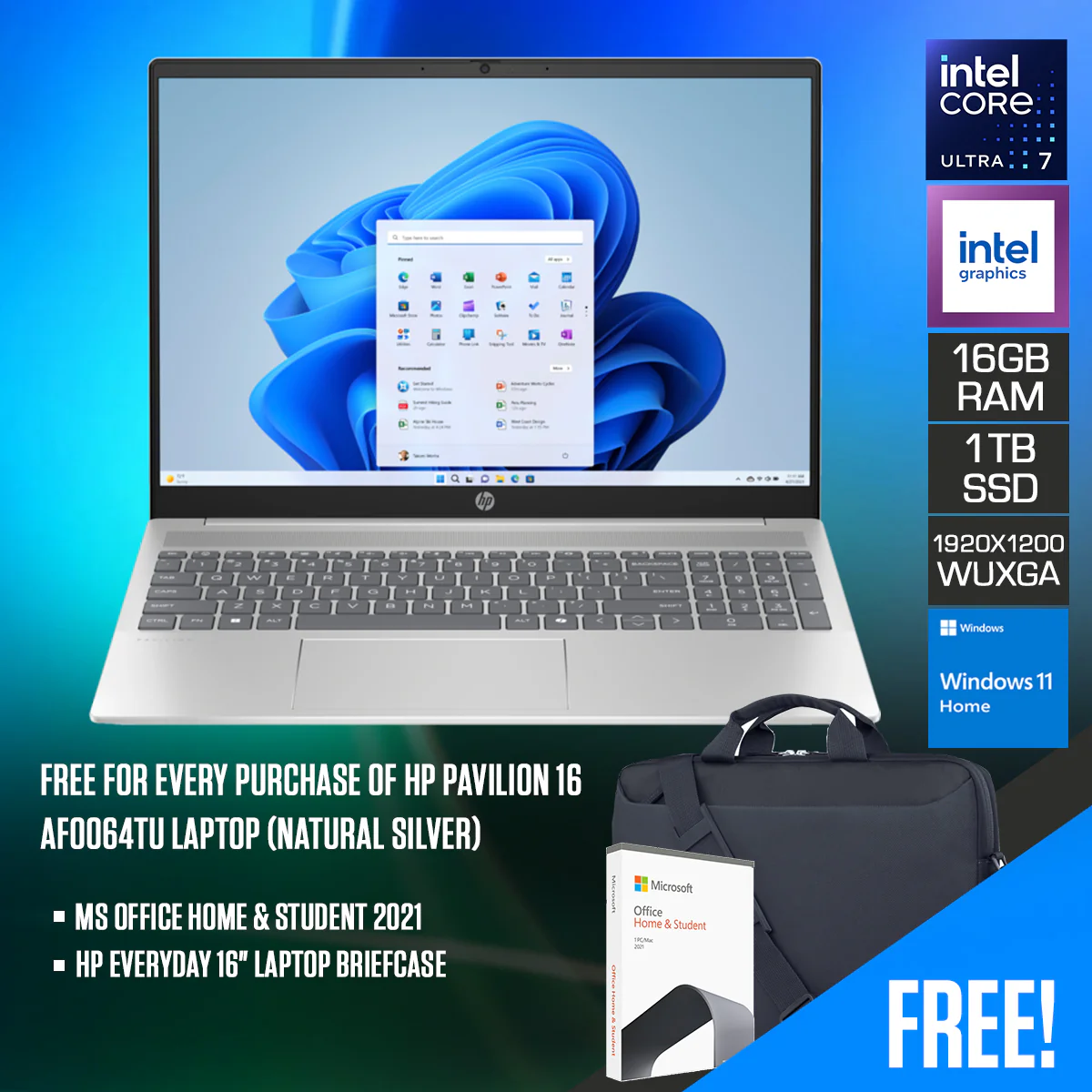HP Pavilion 16-AF0064TU Laptop (Natural Silver) | 16" WUXGA (1920x1200) IPS | Ultra 7-155U | 16GB RAM | 1TB SSD | Intel Graphics | Windows 11 Home | MS Office Home & Student 2021 + HP Everyday 16" Laptop Briefcase
