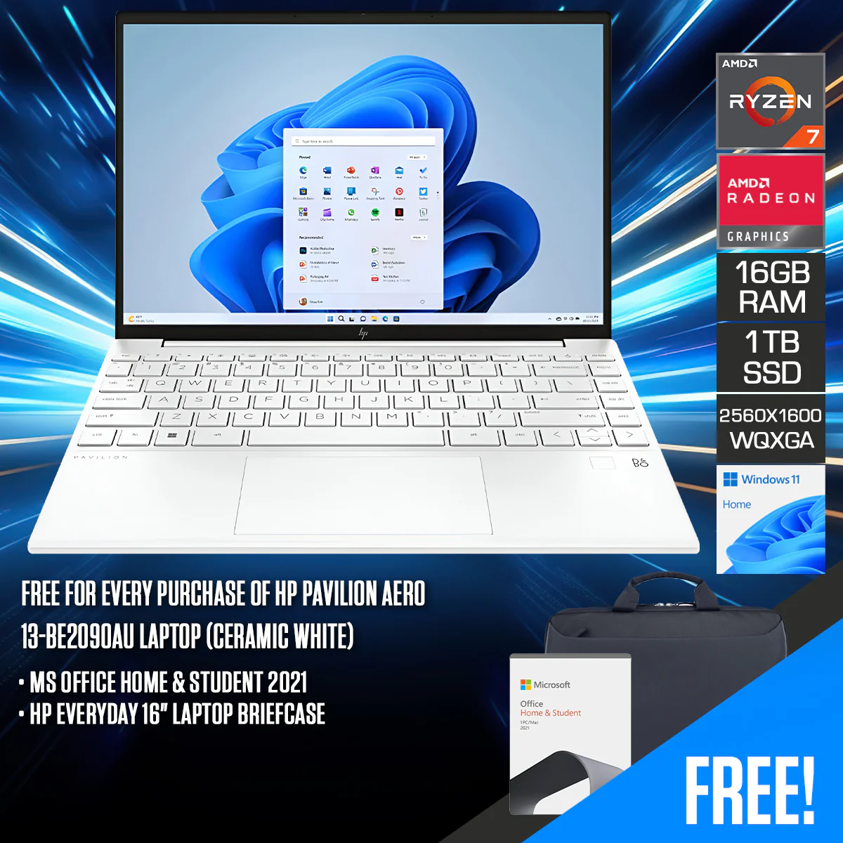 HP Pavilion Aero 13-BE2090AU Laptop (Ceramic White) | 13.3" WQXGA (2560X1600) | RYZEN 7 7735U | 16GB RAM | 1TB SSD | AMD Radeon Graphics | Windows 11 Home | MS Office Home & Student 2021 | HP Everyday 16" Laptop Briefcase
