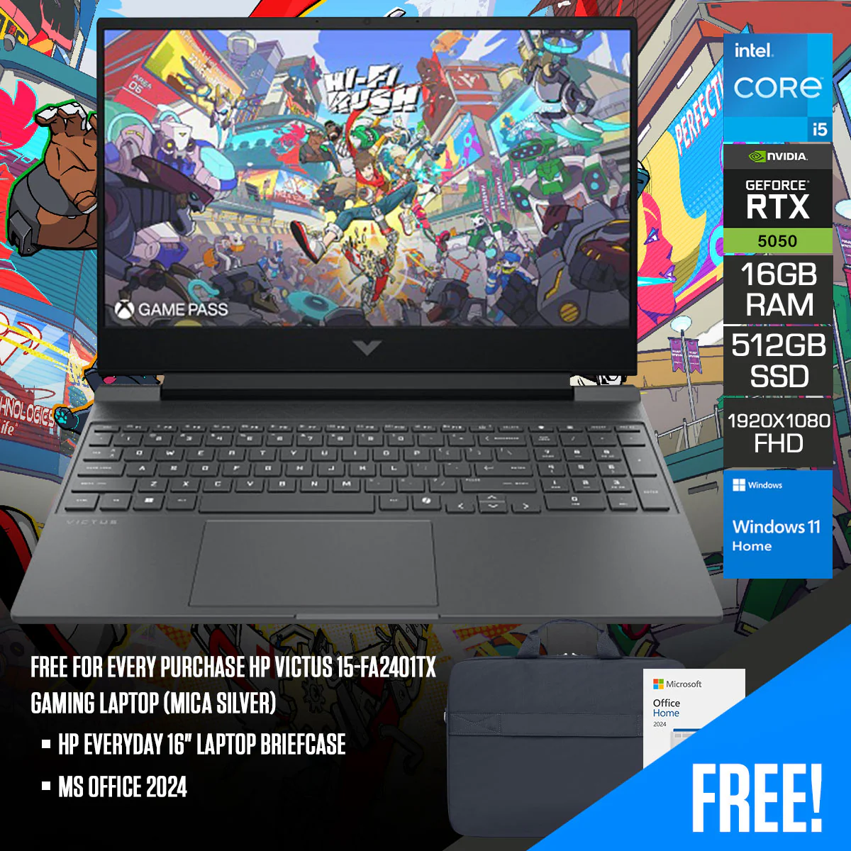 HP Victus 15-FA2401TX Gaming Laptop (Mica Silver) | 15.6" FHD (1920x1080) 144Hz IPS | Core i5-13420H | 16GB RAM | 512GB SSD | RTX 5050 | Windows 11 Home | MS Office 2024 + HP Everyday 16" Laptop Briefcase