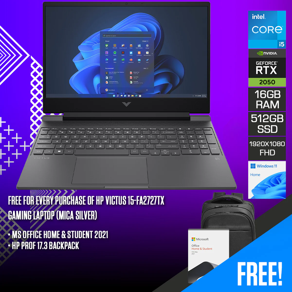 HP Victus 15-FA2727TX Gaming Laptop (Mica Silver) | 15.6" FHD (1920x1080) IPS 144Hz | i5-13420H | 16GB RAM | 512GB SSD | RTX 2050 | Windows 11 Home | MS Office Home & Student 2021 + HP Prof 17.3 Backpack