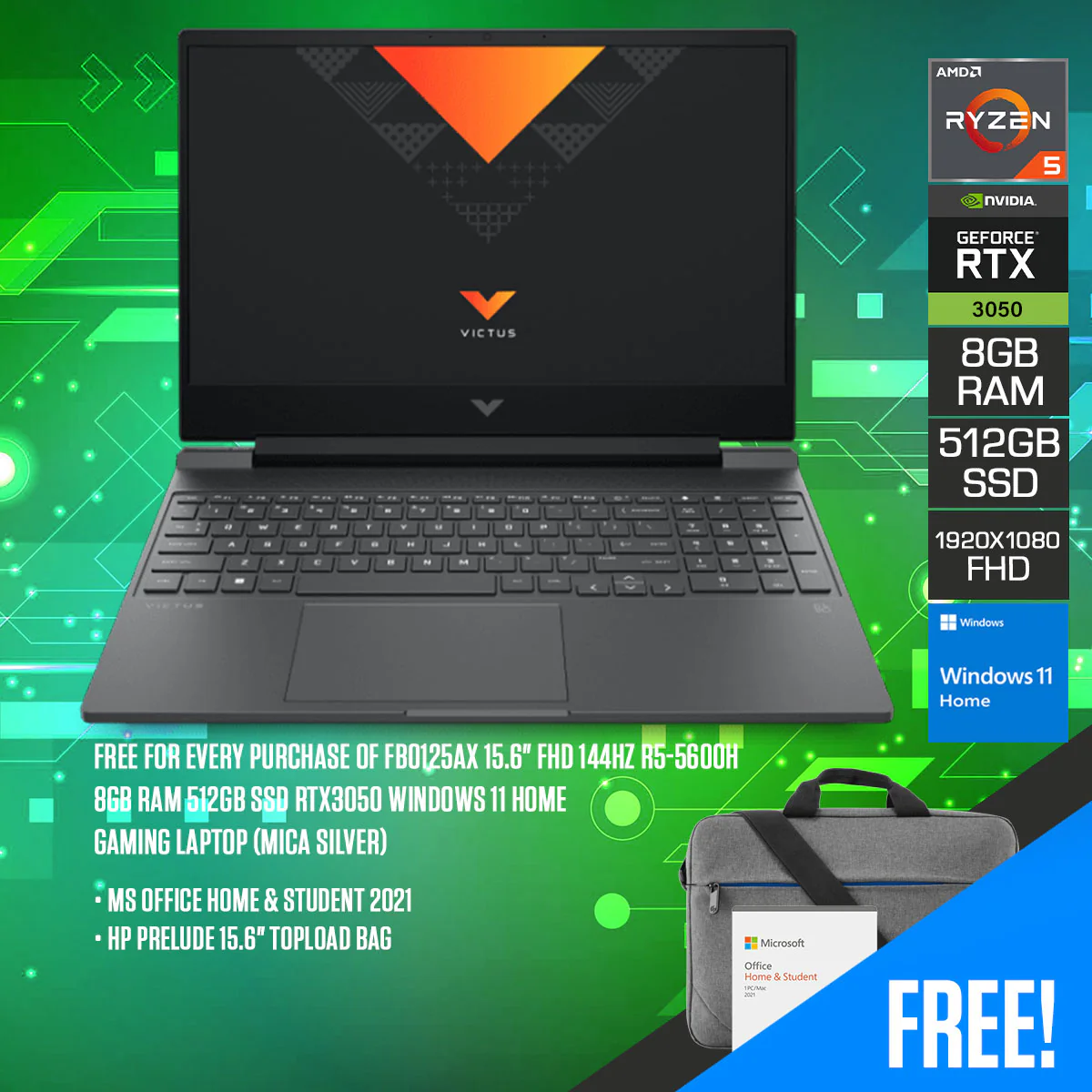 HP Victus 15-FB0125AX Gaming Laptop (Mica Silver) | 15.6" FHD | 144HZ | R5-5-5600H | 8GB RAM | 512GB SSD | RTX 3050 | Windows 11 Home | MS Office Home & Student 2021 | HP Prelude 15.6" Topload Bag