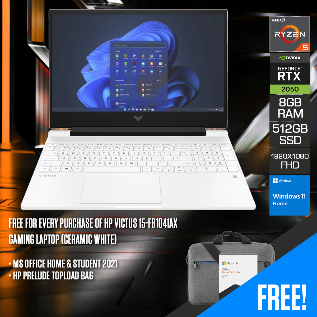 HP Victus 15-FB1041AX Gaming Laptop (Ceramic White) | 15.6" FHD (1920x1080) IPS 144Hz | Ryzen 5 7535HS | 8GB RAM | 512GB SSD | RTX 2050 | Windows 11 Home | MS Office Home & Student 2021 | HP Prelude Topload
