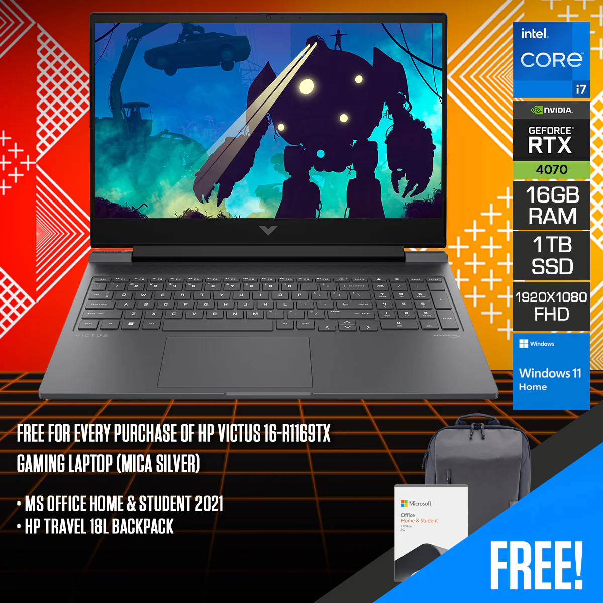 HP Victus 16-R1169TX Gaming Laptop (Mica Silver) | 16.1" FHD (1920x1080) 144Hz IPS | i7-14650HX | 16GB RAM | 1TB SSD | RTX 4070 | Windows 11 Home | MS Office Home & Student 2021 + HP Travel 18L Backpack