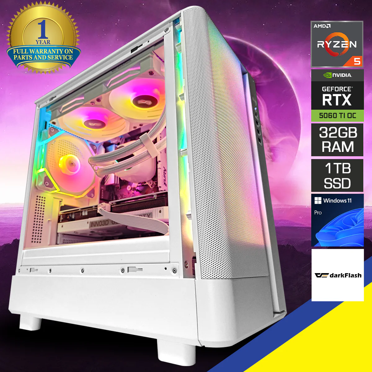 Sigma DB330M Mesh White Desktop Gaming PC | AMD Ryzen 5 7500F | 32GB RAM | 1TB SSD with WiFi + Bluetooth | GeForce RTX 5060 Ti OC | Windows 11 Pro