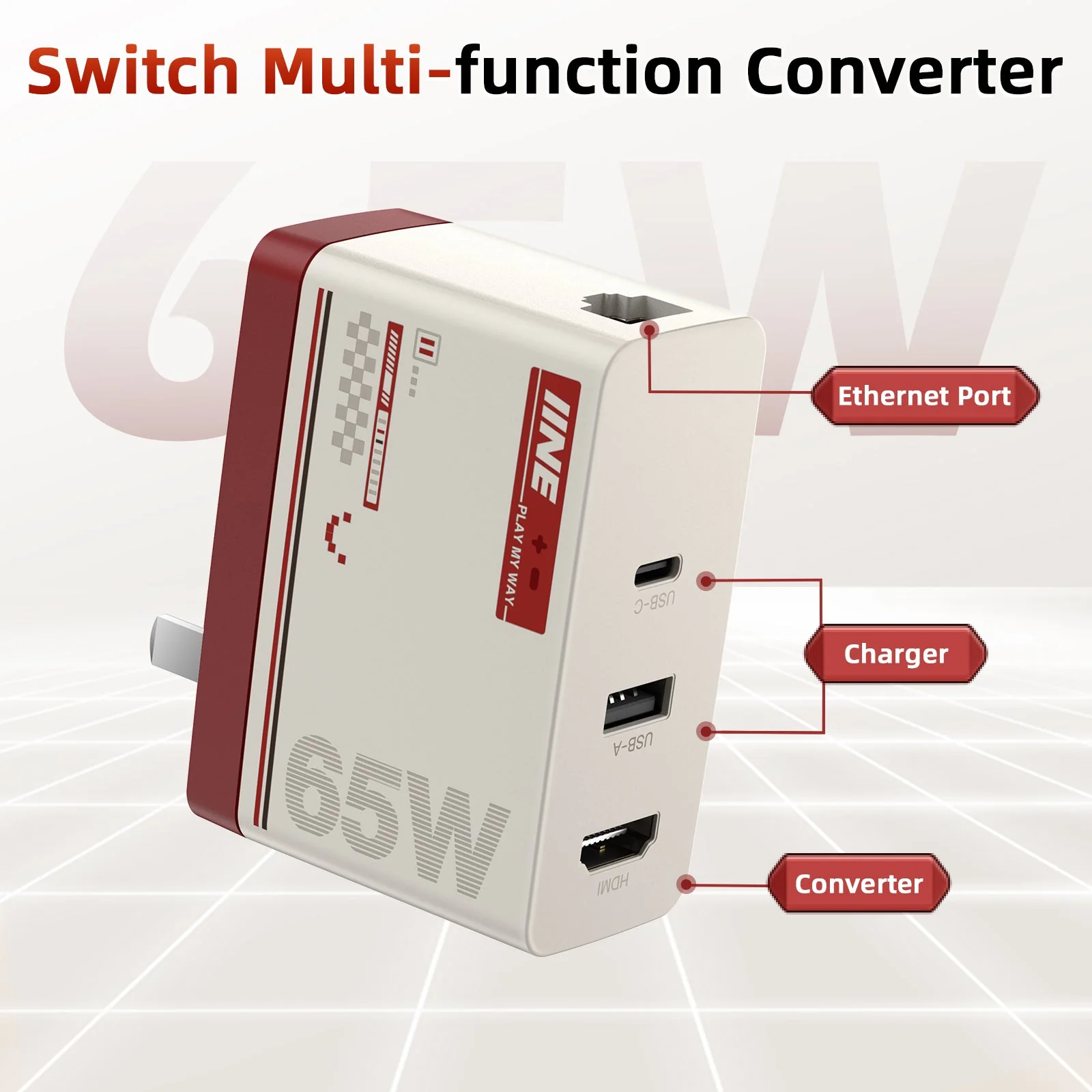 IINE 65W GaN HDMI Video Converter with Ethernet Port for Nintendo Switch (Red/White) (L845) - Image 2