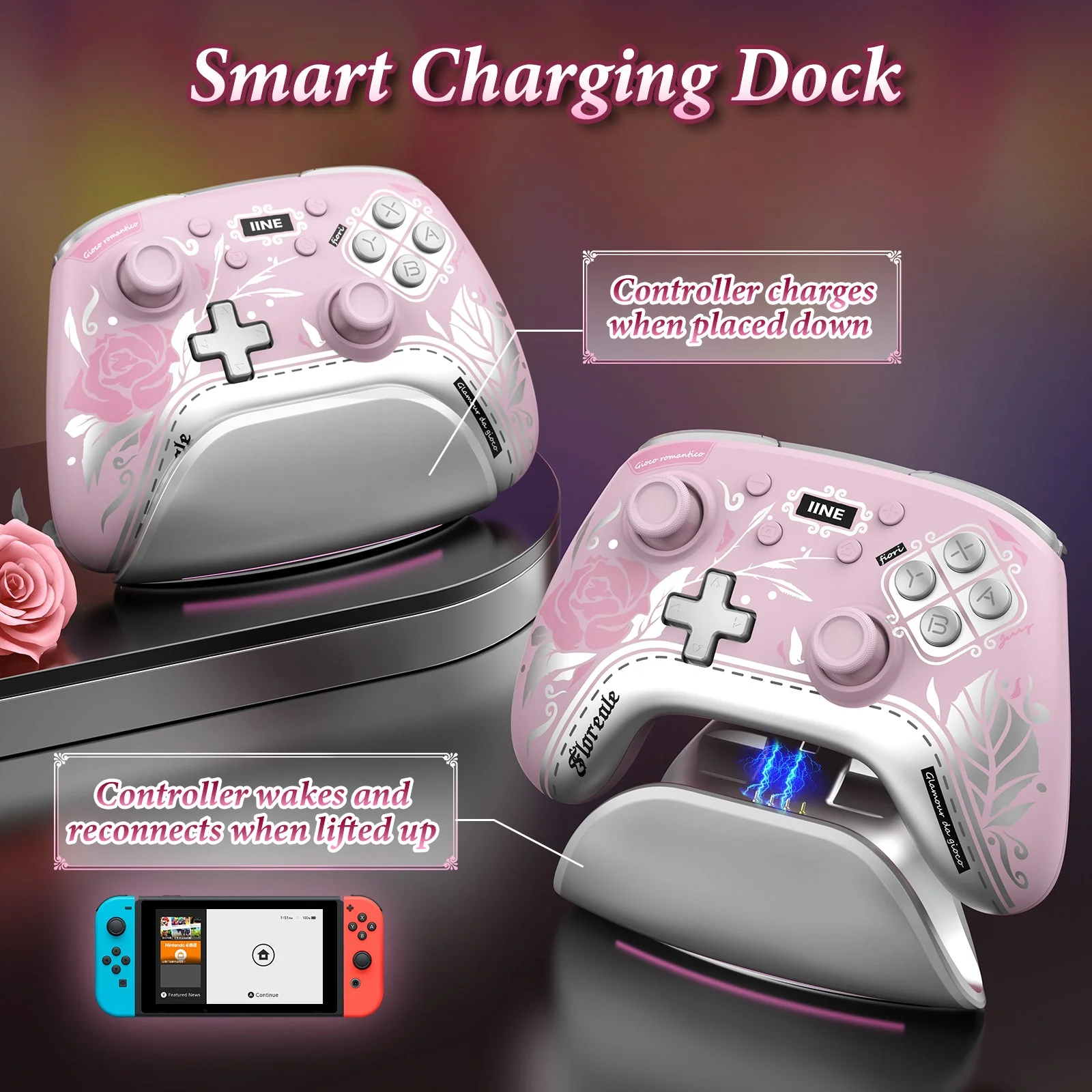 IINE Aphrodites Bloom Wireless Controller with Charging Dock for Nintendo Switch / Nintendo Switch OLED (L1035) - Image 7