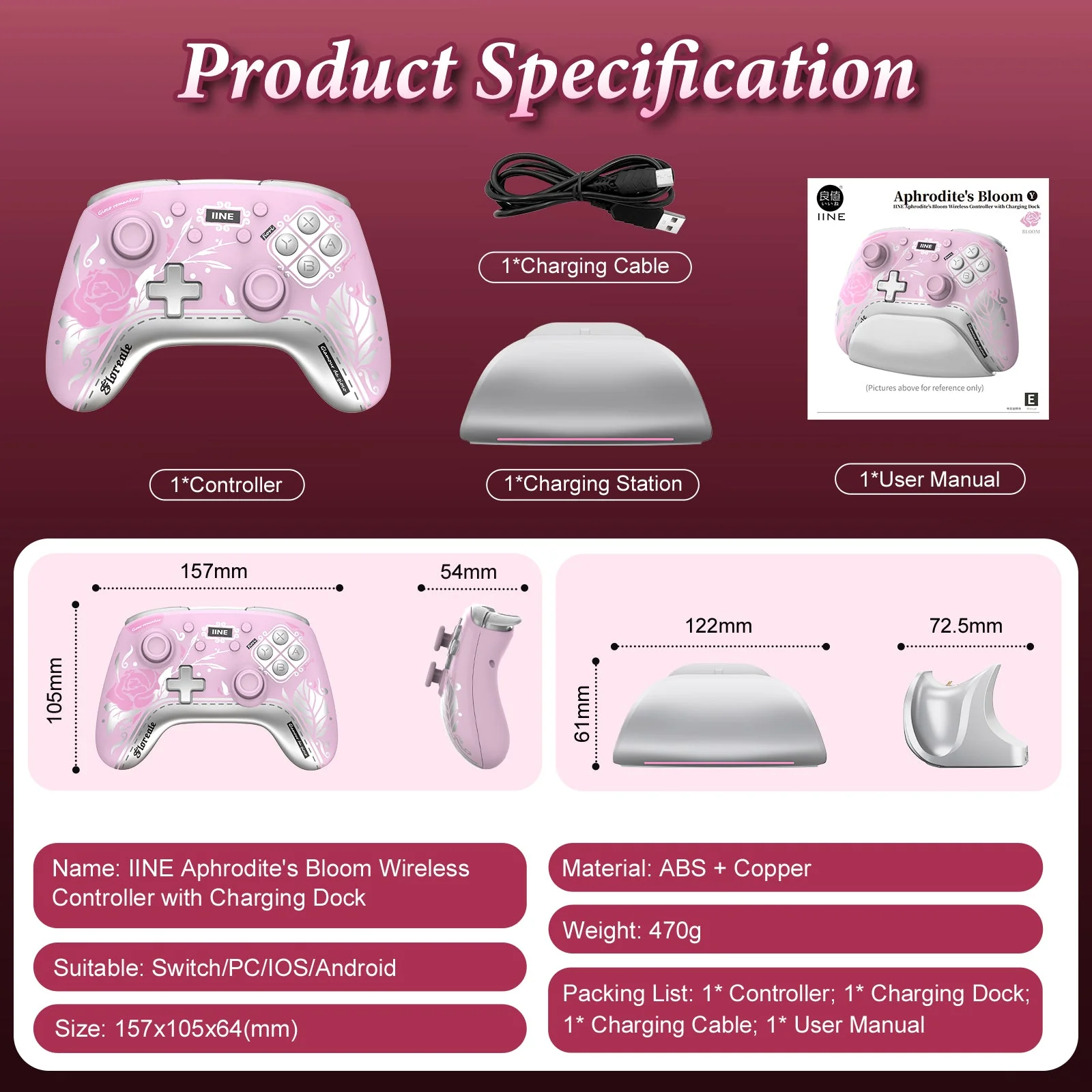 IINE Aphrodites Bloom Wireless Controller with Charging Dock for Nintendo Switch / Nintendo Switch OLED (L1035) - Image 9