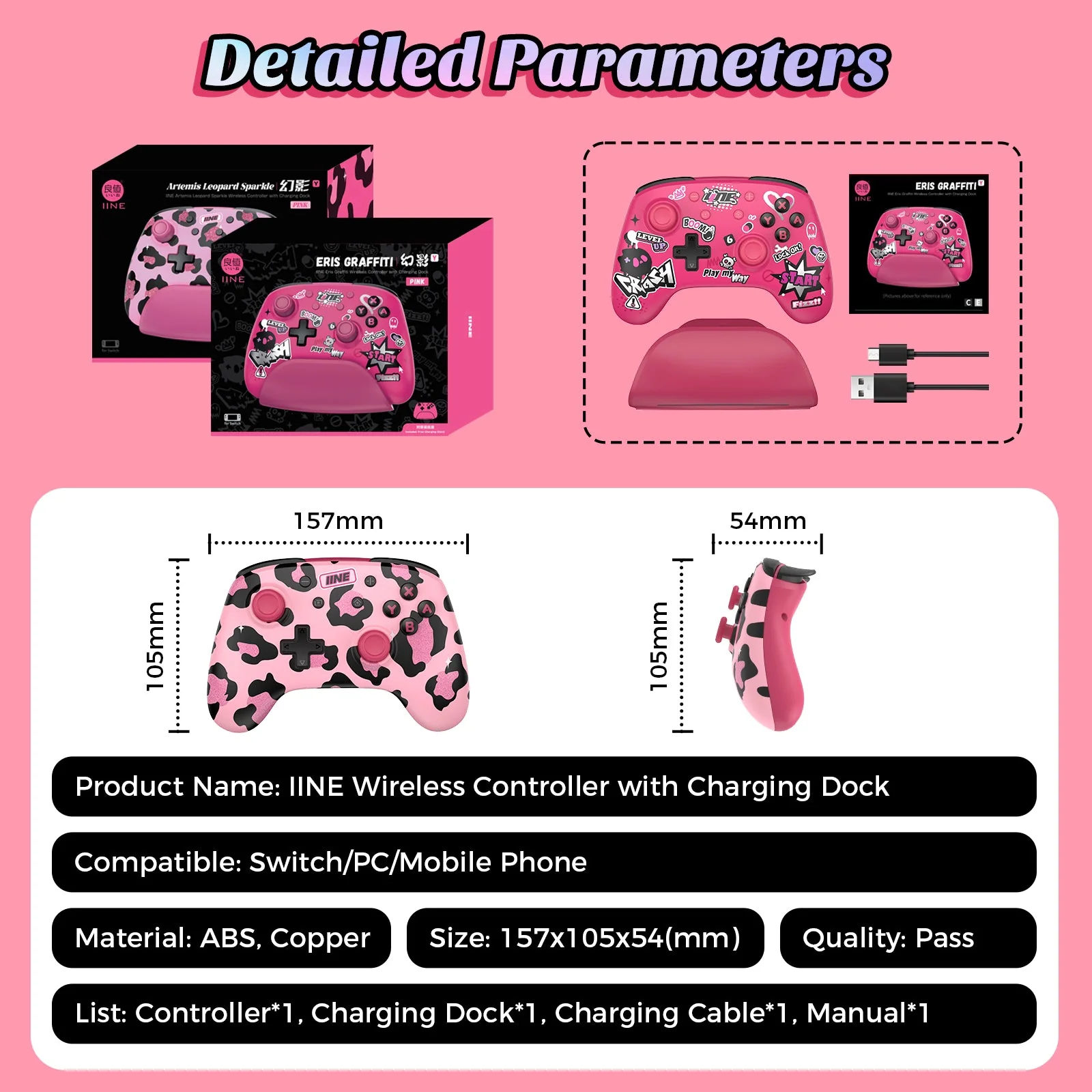 IINE Artemis Leopard Sparkle Wireless Controller with Charging Dock for Nintendo Switch (Pink) (L1021) - Image 11