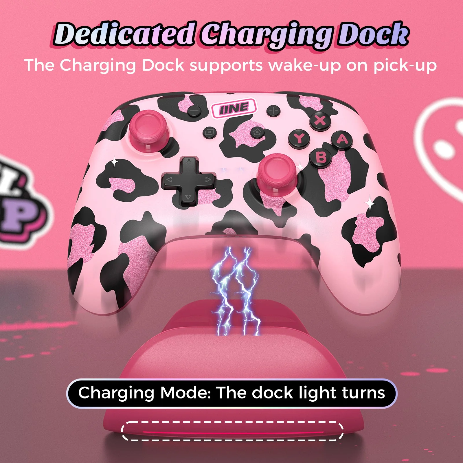 IINE Artemis Leopard Sparkle Wireless Controller with Charging Dock for Nintendo Switch (Pink) (L1021) - Image 8