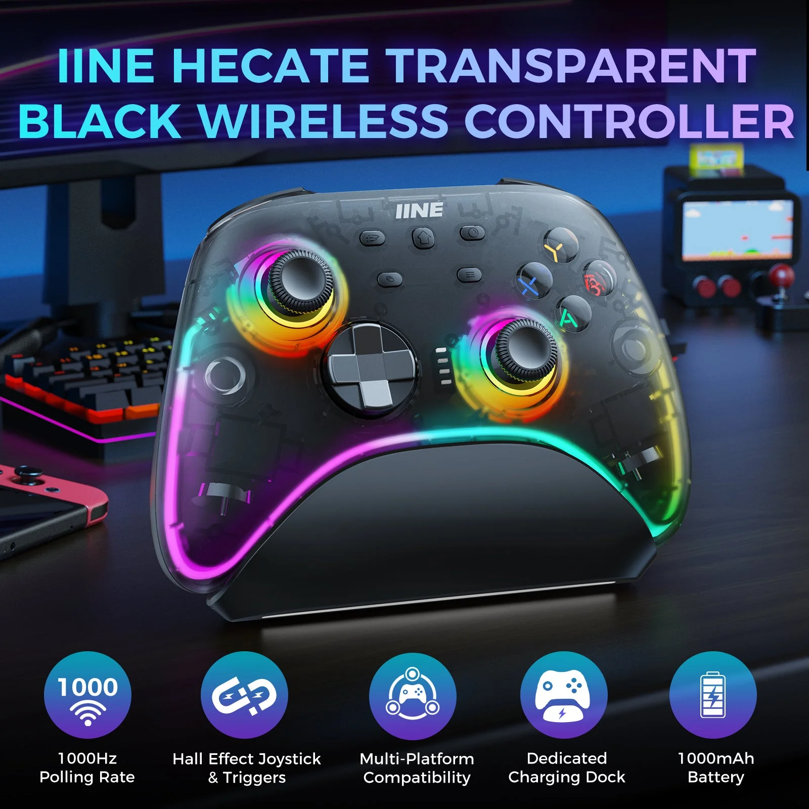 IINE Hecate Transparent Black Wireless Controller With Charging Dock (L1044) - Image 3