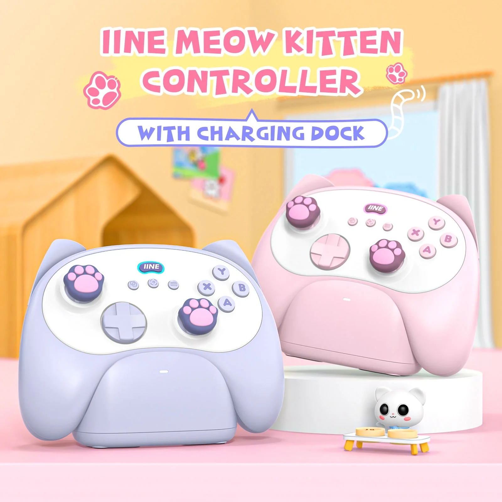 IINE Meow Kitten Controller with Tail Charging Dock for PC / Nintendo Switch (Blue, Pink) (L1049, L1050) - Image 2
