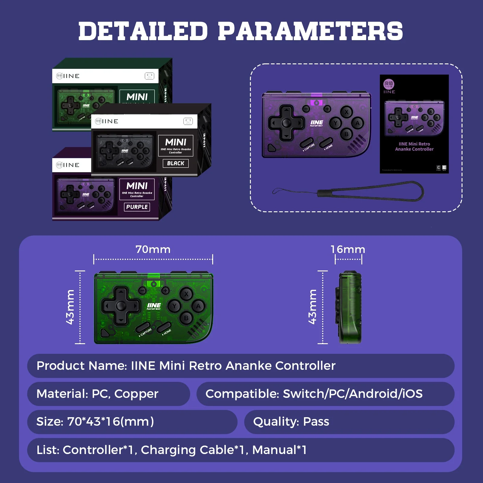 IINE Mini Retro Ananke Controller for Nintendo Switch / PC / Android / iOS (Black, Purple) (L1042, L1013) - Image 9