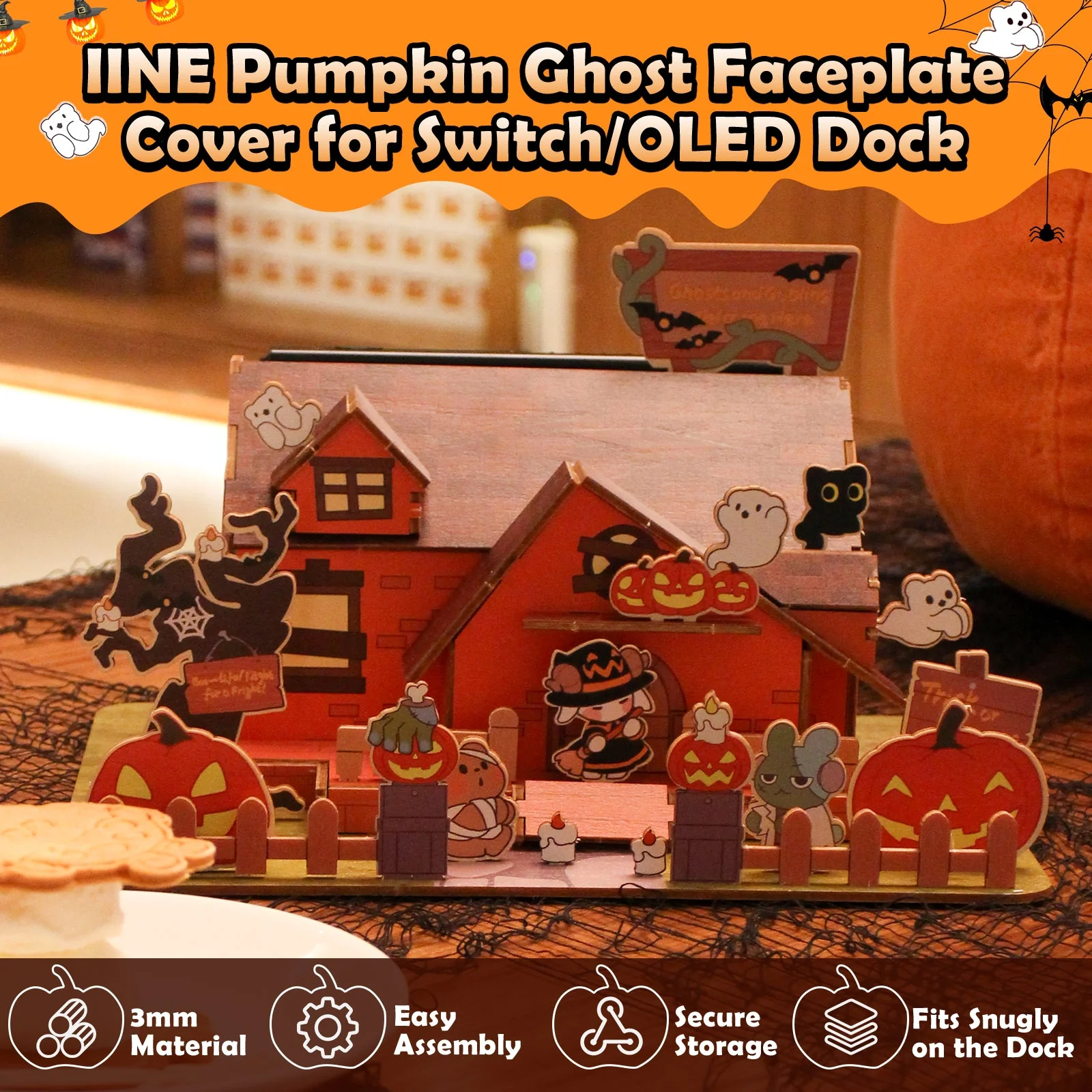 IINE Pumpkin Ghost House Faceplate Cover for Nintendo Switch / Nintendo Switch OLED Dock (L1046) - Image 3