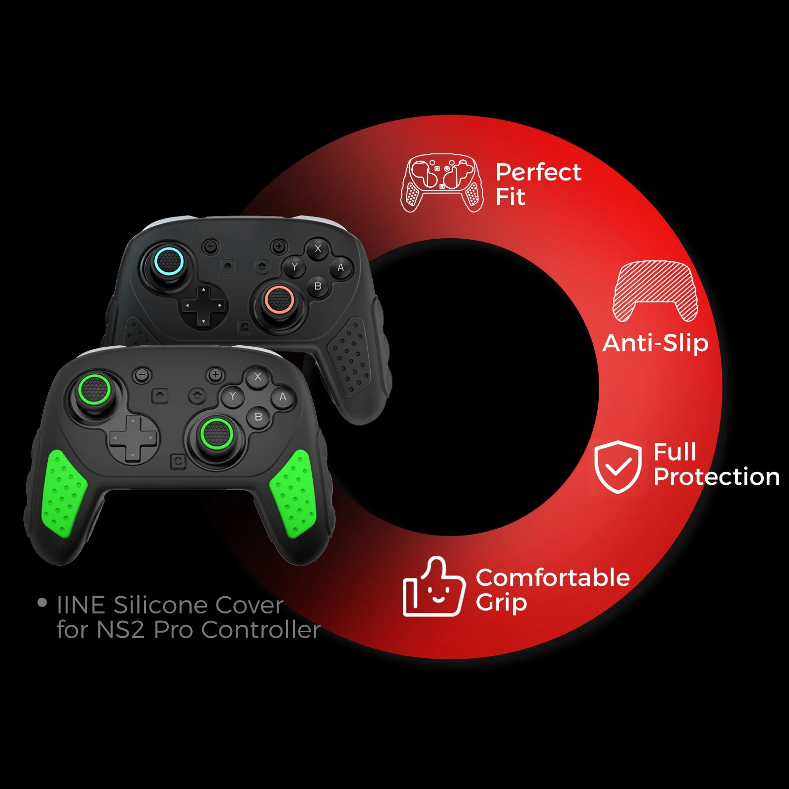 IINE Silicone Cover for Nintendo Switch 2 Pro Controller (Black, Black/Green) - Image 7