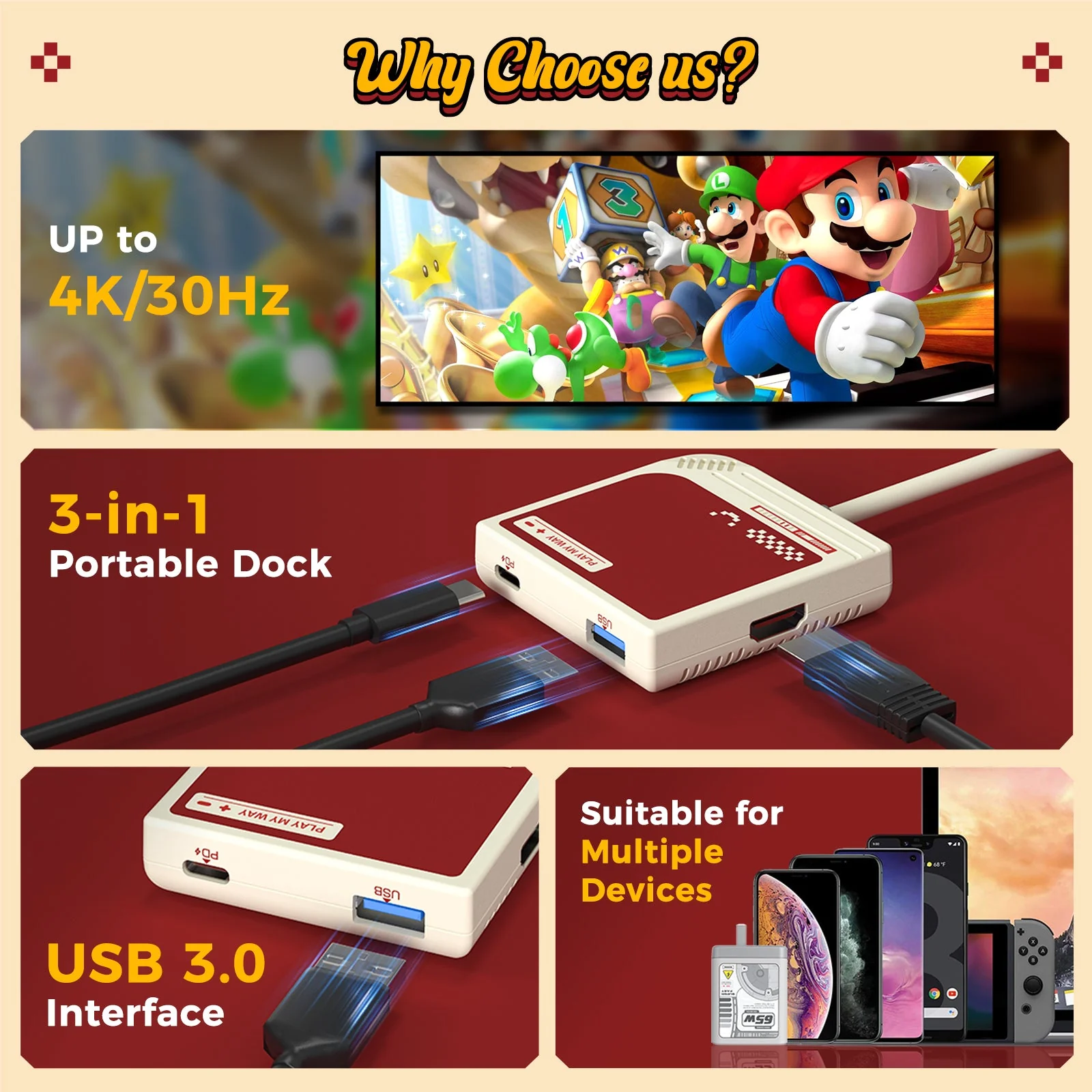IINE Video Converter 3-in-1 HD Resolution Conversion for Switch 4K/ 30Hz (Red/White, Grey) - Image 5