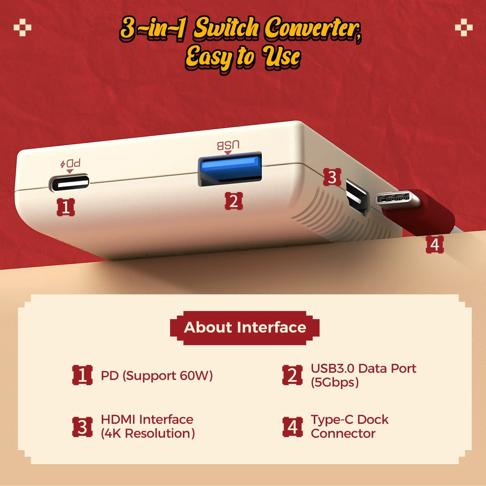 IINE Video Converter 3-in-1 HD Resolution Conversion for Switch 4K/ 30Hz (Red/White, Grey) - Image 6