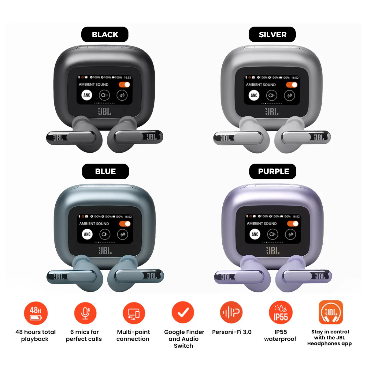 JBL Live Beam 3 True Wireless Noise Cancelling Closed-Stick Earbuds (Black, Silver, Purple, Blue)