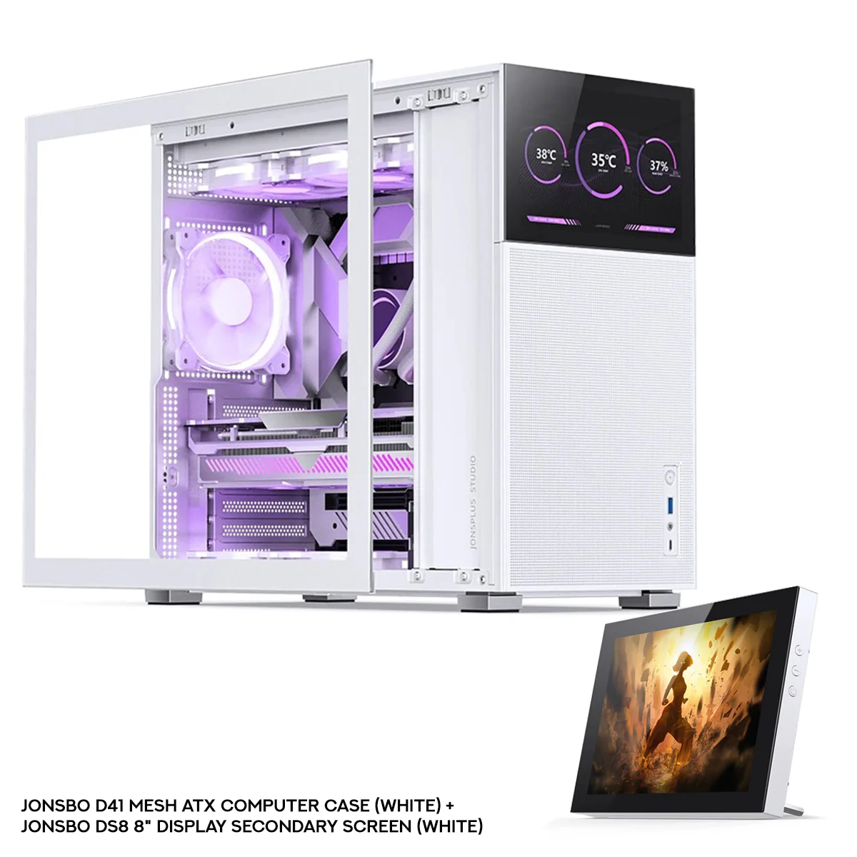 Jonsbo D41 Mesh ATX Computer Case (Black, White) + Jonsbo DS8 8" Display Secondary Screen (Black, White) - Image 3