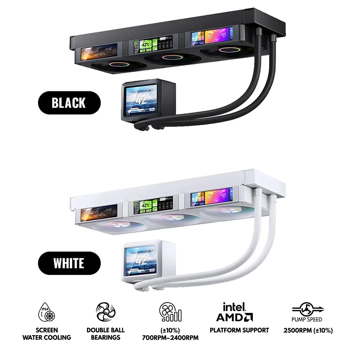 Jonsbo TF3-360SC 360MM AIO Liquid CPU Cooler w/ 3 x 3.38" Fan LCD Displays & 3.5" Pump Block LCD Display (Black, White)
