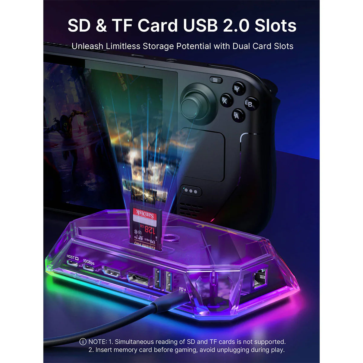 JSAUX 12-Port RGB Docking Station Pro for Steam Deck/ Steam Deck OLED/ ROG Ally/ ROG Ally X/ Legion Go/ MSI Claw (Clear Black, Clear Purple) (HB1201S) - Image 11