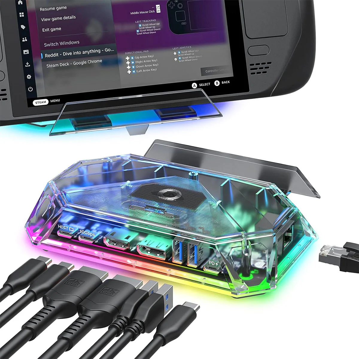 JSAUX 12-Port RGB Docking Station Pro for Steam Deck/ Steam Deck OLED/ ROG Ally/ ROG Ally X/ Legion Go/ MSI Claw (Clear Black, Clear Purple) (HB1201S) - Image 3