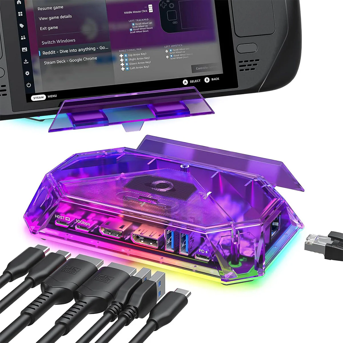 JSAUX 12-Port RGB Docking Station Pro for Steam Deck/ Steam Deck OLED/ ROG Ally/ ROG Ally X/ Legion Go/ MSI Claw (Clear Black, Clear Purple) (HB1201S) - Image 5