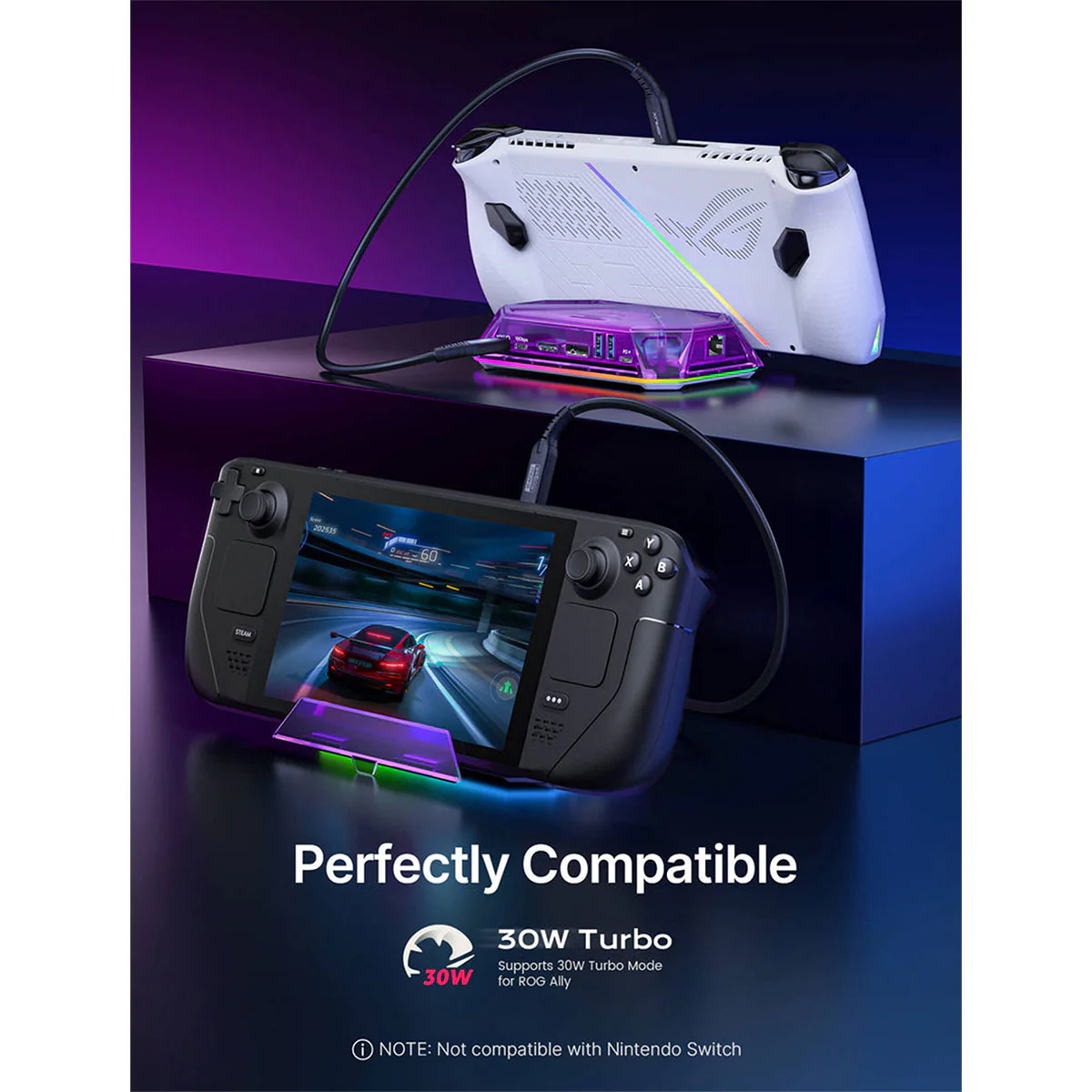 JSAUX 12-Port RGB Docking Station Pro for Steam Deck/ Steam Deck OLED/ ROG Ally/ ROG Ally X/ Legion Go/ MSI Claw (Clear Black, Clear Purple) (HB1201S) - Image 9