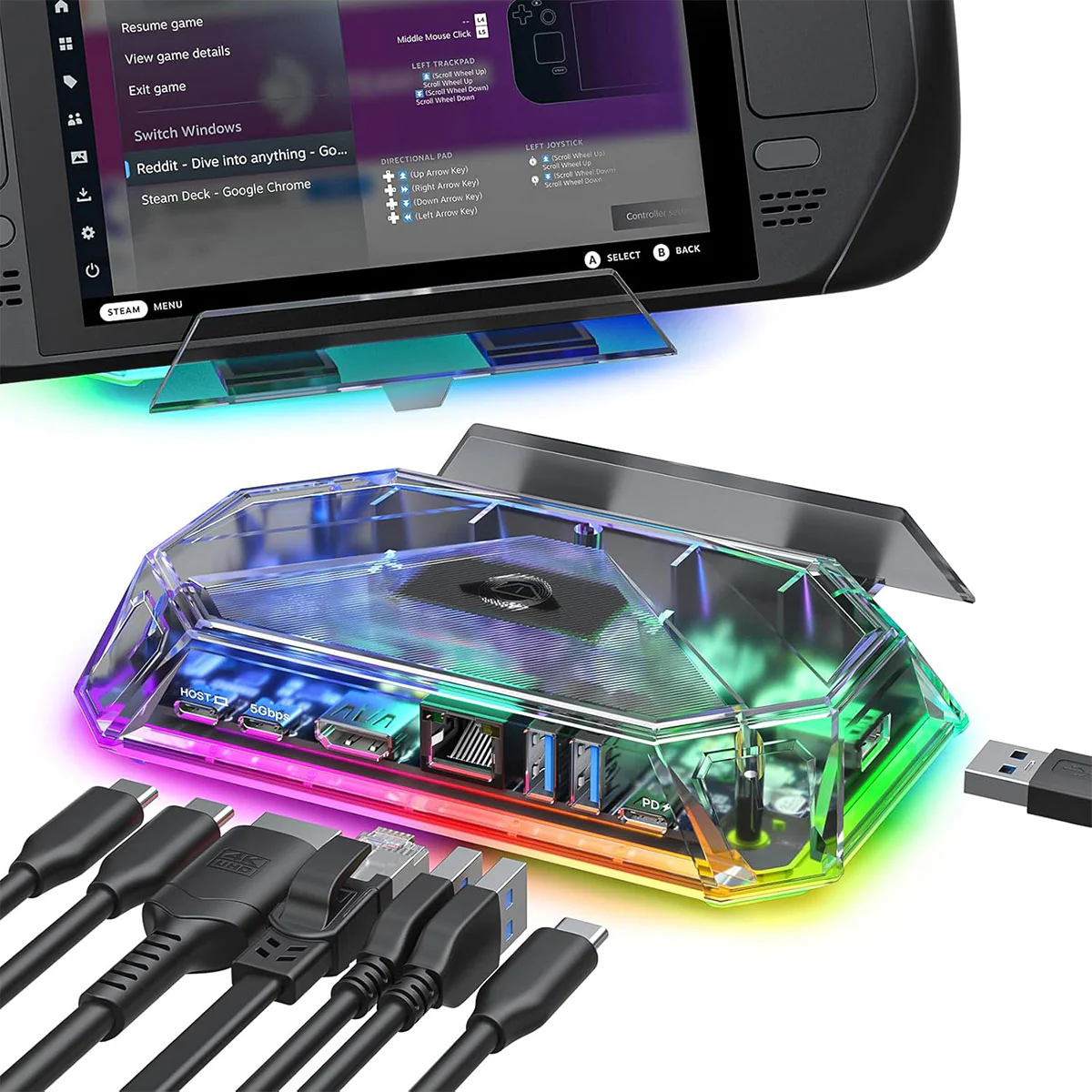 JSAUX 8-Port RGB Docking Station Pro for Steam Deck/ Steam Deck OLED/ ROG Ally/ ROG Ally X/ Legion Go/ MSI Claw (Clear Black, Clear Purple) (HB0801S) - Image 2