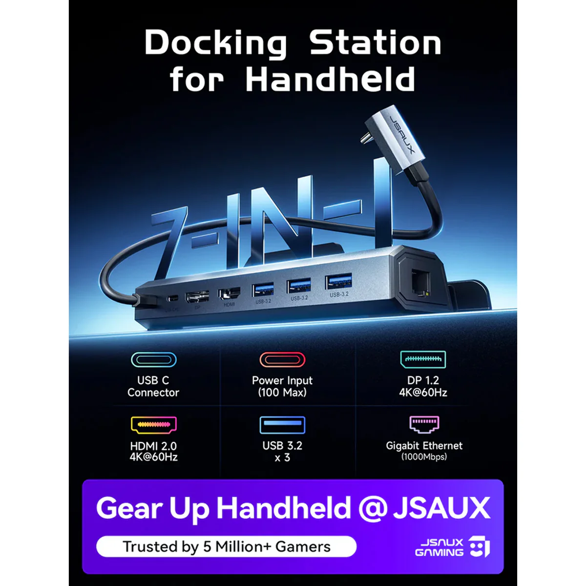 JSAUX USB-C 7-in-1 Docking Station for Steam Deck/ Steam Deck OLED/ ROG Ally/ ROG Ally X/ Legion Go/ Legion Go 2/ Legion Go S (Grey) (HB0702S) - Image 8