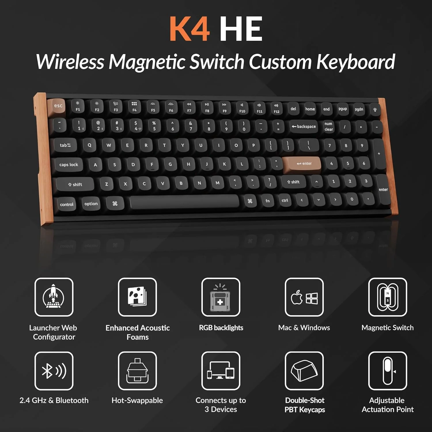 Keychron K4 HE Special Ed. Hot-Swappable RGB Backlight 96% Wireless Magnetic Switch Custom Keyboard - Black (Gateron Double-Rail Magnetic Nebula Switch) (K4H-F1) - Image 2