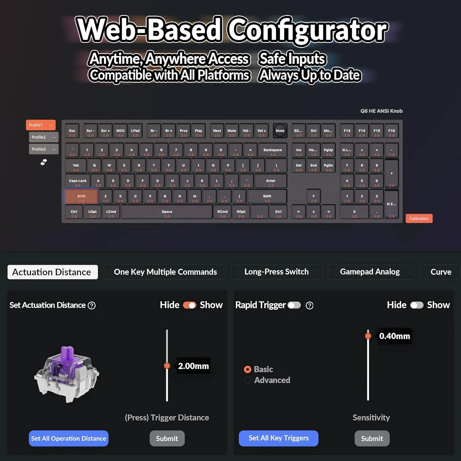 Keychron Q6 HE QMK Fully Assembled Knob RGB Full Size Wireless Custom Keyboard - Carbon Black (Gateron Double-Rail Magnetic Nebula Switch) (Q6H-M1) - Image 9