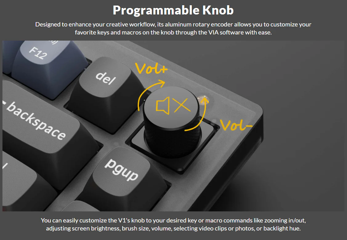 Keychron V1 QMK Barebone Knob Version RGB Backlight Hot-Swappable Wired Mechanical Keyboard - Frosted Black (V1Z1) - Image 4