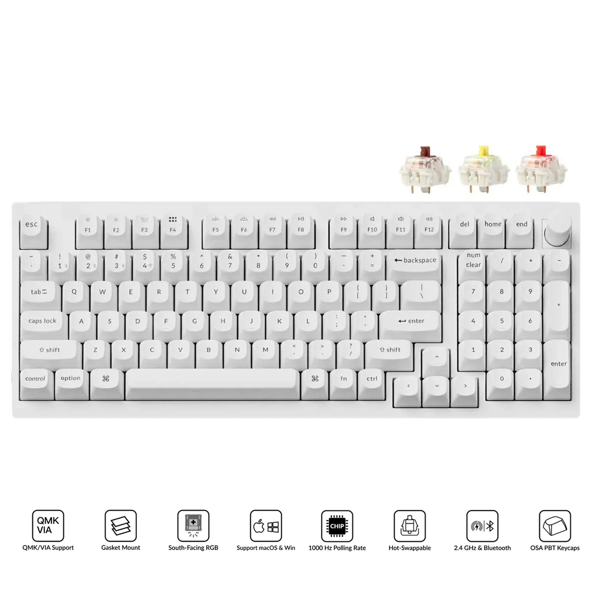 Keychron V5 Max Knob Version RGB Backlight Hot-Swappable 96% Wireless Mechanical Keyboard - White (Gateron Jupiter Brown Switch, Gateron Jupiter Banana Switch, Gateron Jupiter Red Switch) (V5M-F3, V5M-F4, V5M-F1)
