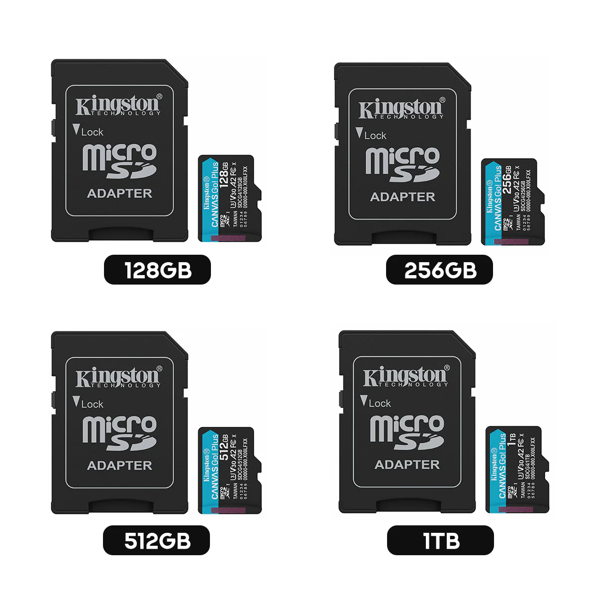 Kingston Canvas Go! Plus C10 UHS-I U3 V30 A2 200MB/s Read microSD Memory Card with SD Adapter (128GB, 256GB, 512GB, 1TB)