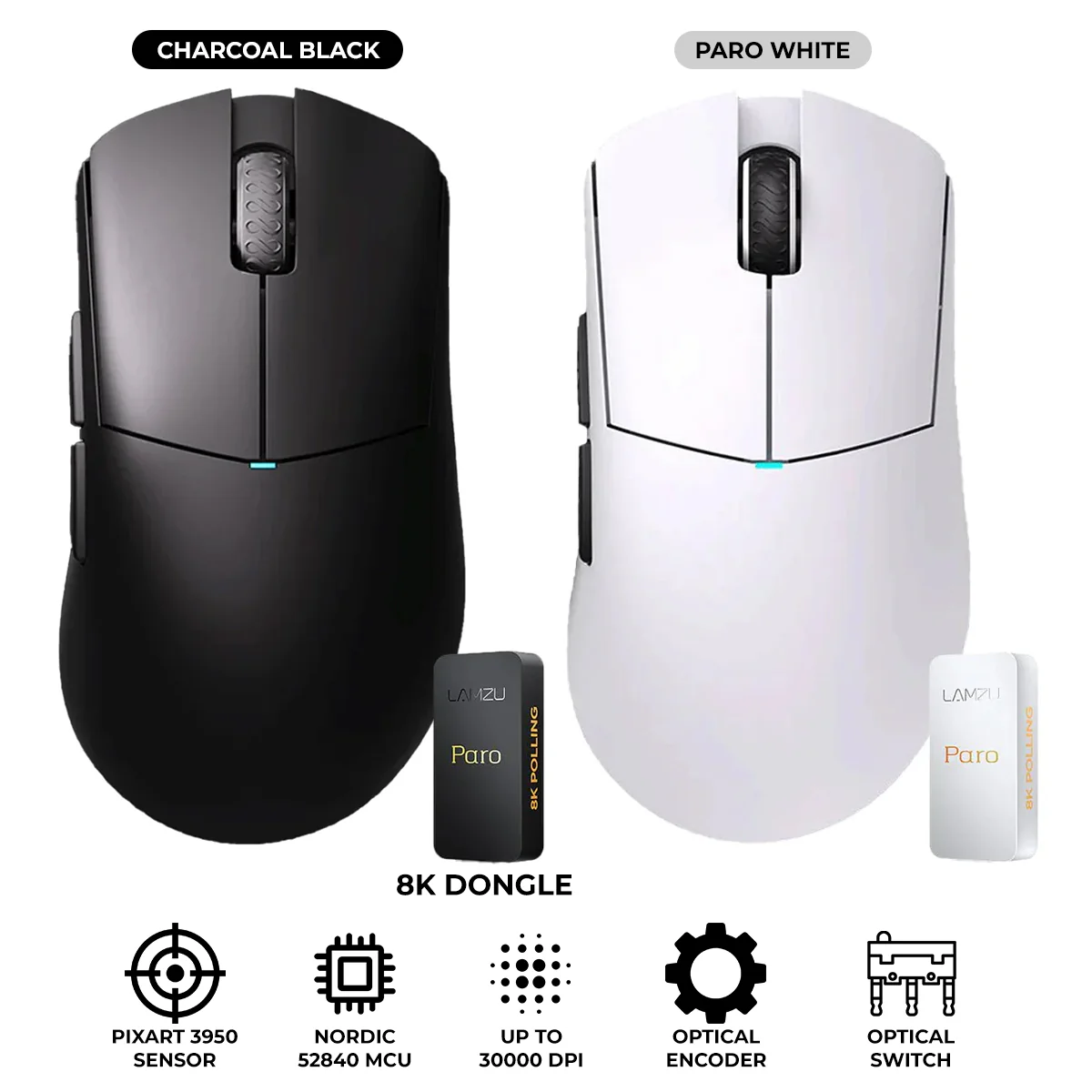 Lamzu Paro Aurora SuperLight Wireless Mouse + Paro Aurora 8K Dongle (Charcoal Black, Paro White)
