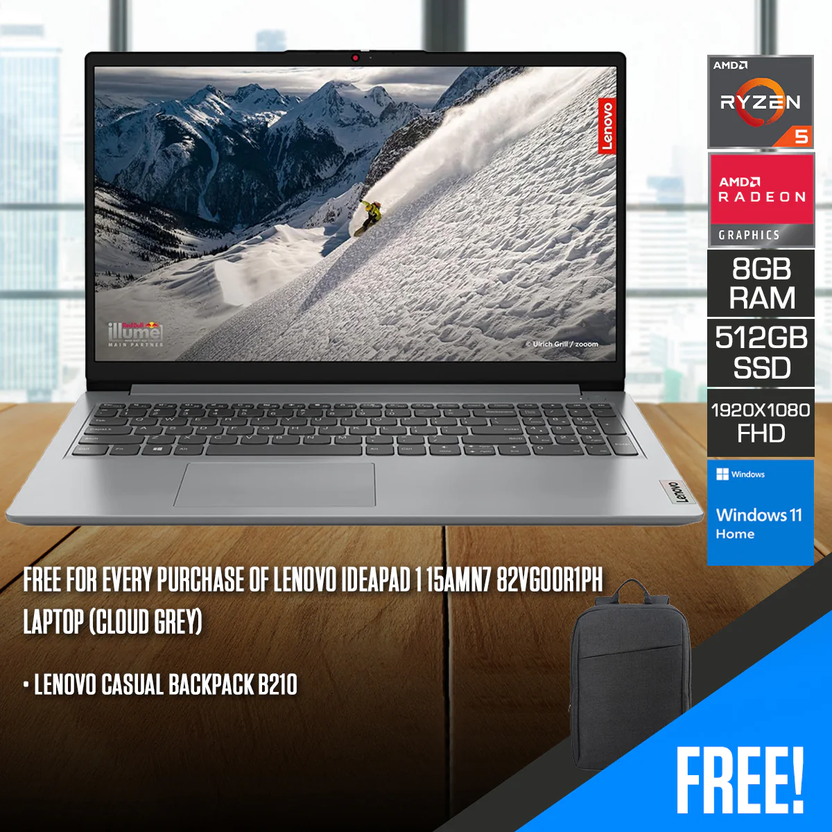 Lenovo IdeaPad 1 15AMN7 82VG00R1PH Laptop (Cloud Grey) | 15.6" FHD (1920x1080) IPS | Ryzen 5 7520U | 8GB RAM | 512GB SSD | AMD Radeon 610M Graphics | Windows 11 Home + Lenovo Casual Backpack B210