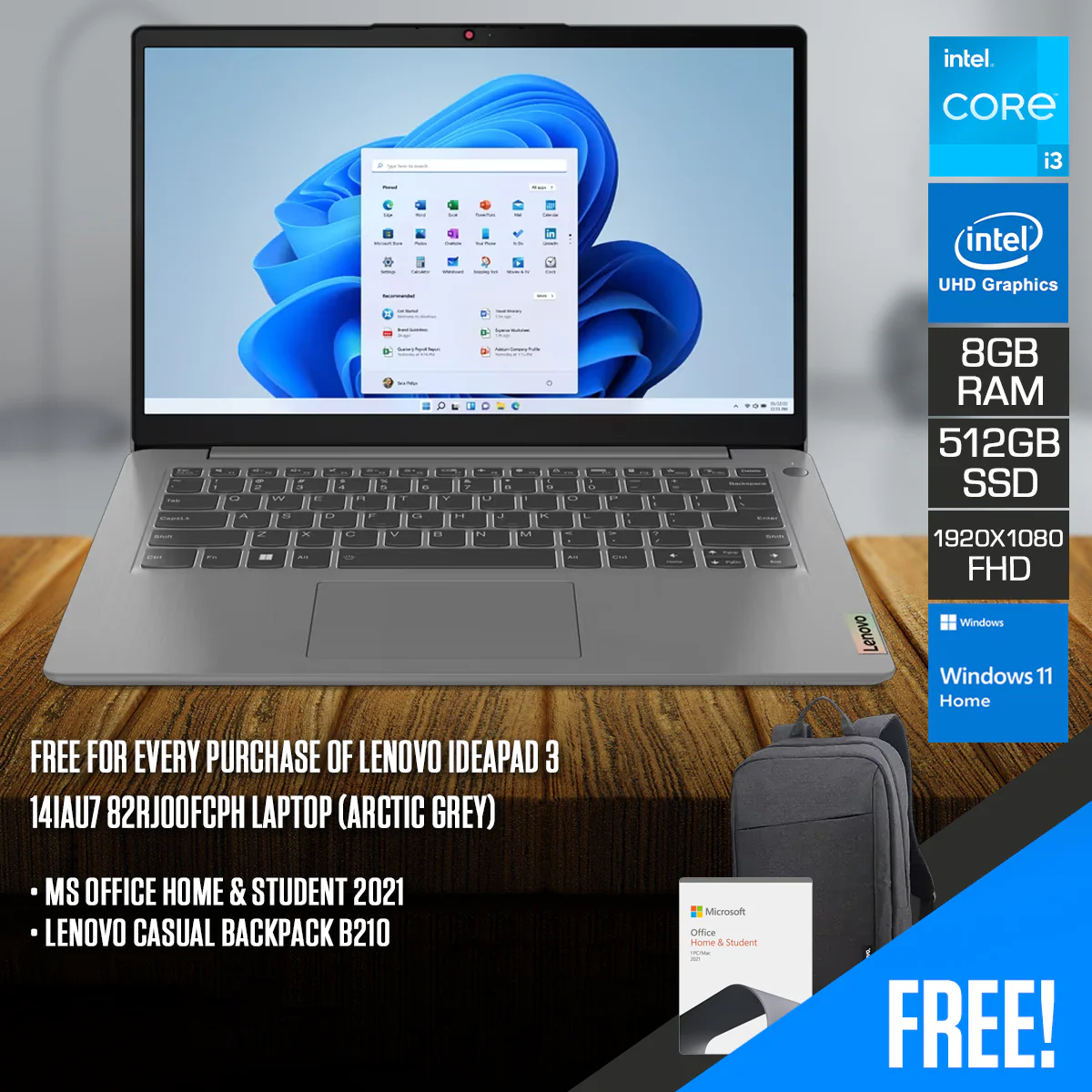 Lenovo IdeaPad 3 14IAU7 82RJ00FCPH Laptop (Arctic Grey) | 14" FHD (1920x1080) TN | i3-1215U | 8GB RAM | 512GB SSD | Integrated Intel UHD | Windows 11 Home | MS Office Home & Student 2021 + Lenovo Casual Backpack B210