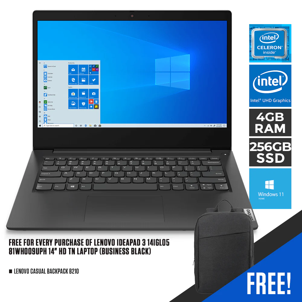 LENOVO IDEAPAD 3 14IGL05 81WH009UPH TN LAPTOP (BUSINESS BLACK) | 14" HD | INTEL CELERON N4020 | 4GB DDR4 | 256 SSD | INTEL UHD | WIN11 + LENOVO CASUAL BACKPACK B210