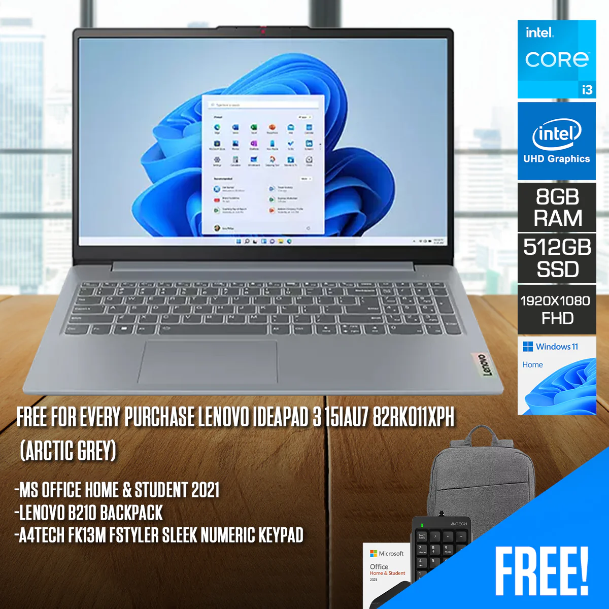 Lenovo IdeaPad 3 15IAU7 82RK011XPH Laptop (Arctic Grey) | 15.6" FHD (1920x1080) | i3-1215U | 8GB RAM | 512GB SSD | Intel UHD Graphics | Windows 11 Home + MS Office Home & Student 2021 + Lenovo B210 Backpack + A4 Tech Keypad