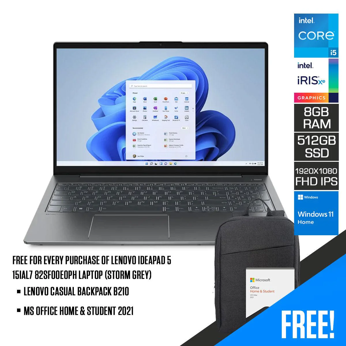 Lenovo Ideapad 5 15IAL7 82SF00E0PH Laptop (Storm Grey) | 15.6”  FHD 1920x1080 | i5-1235U | 8GB RAM | 512 GB SSD | Intel Iris Xe Graphics | Windows 11 Home | MS Office Home & Student 2021 | Lenovo Casual Backpack B210