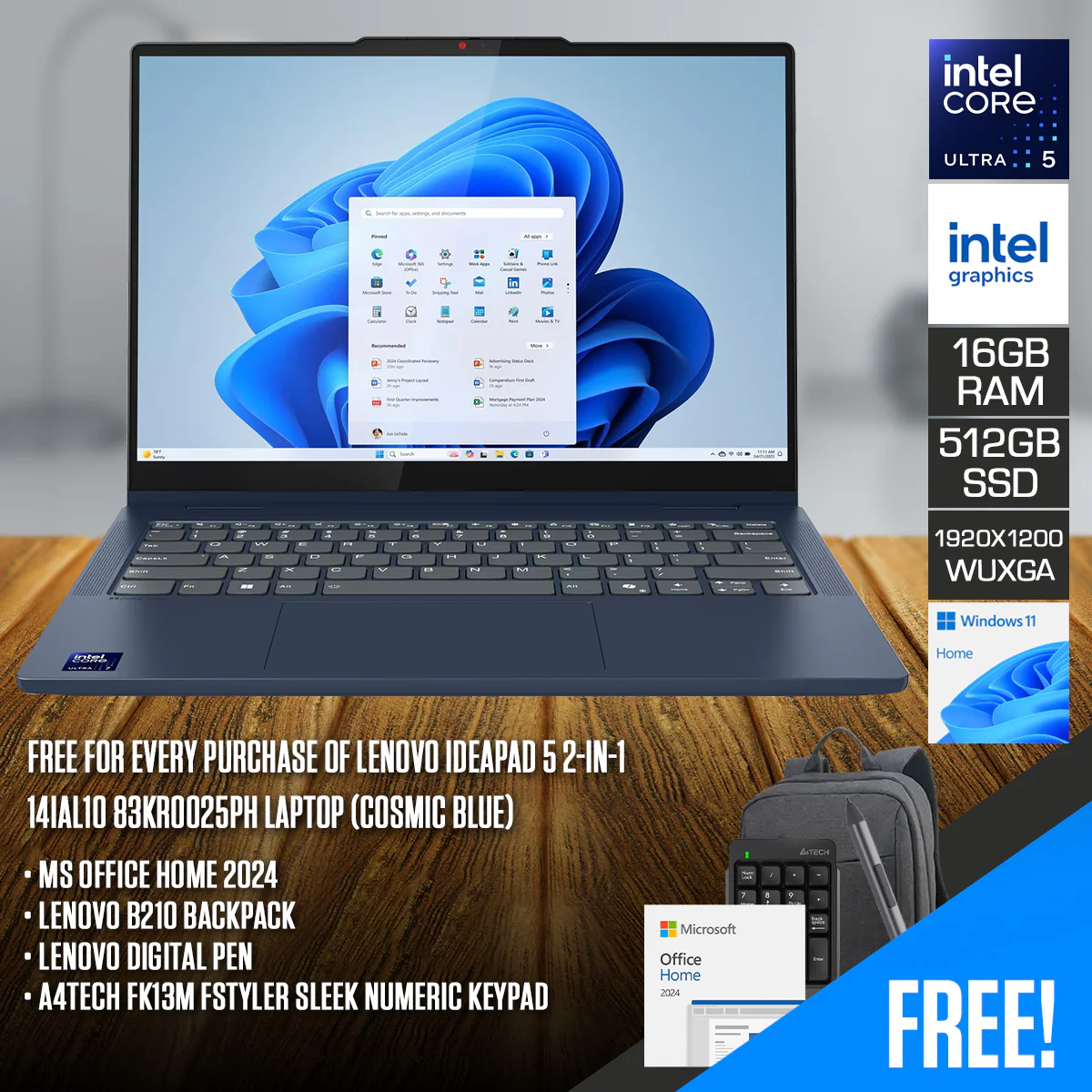 Lenovo IdeaPad 5 2-in-1 14IAL10 83KR0025PH Laptop (Cosmic Blue) | 14" WUXGA (1920x1200) IPS | Core Ultra 5 225U | 16GB RAM | 512GB SSD | Integrated Graphics | Win11 Home | MS Office Home 2024+ Lenovo B210 Backpack+ Digital Pen+ A4Tech FK13M Numeric Keypad