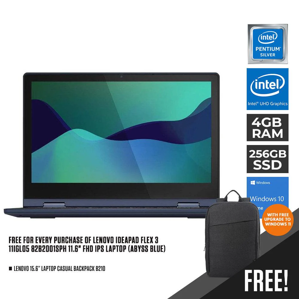 LENOVO IDEAPAD FLEX 3 11IGL05 82B2001SPH IPS LAPTOP (ABYSS BLUE) | 11.6" FHD | INTEL PENTIUM SILVER | 4GB DDR4 | 256GB SSD | INTEL UHD | WIN10 + LENOVO LAPTOP CASUAL BACKPACK B210