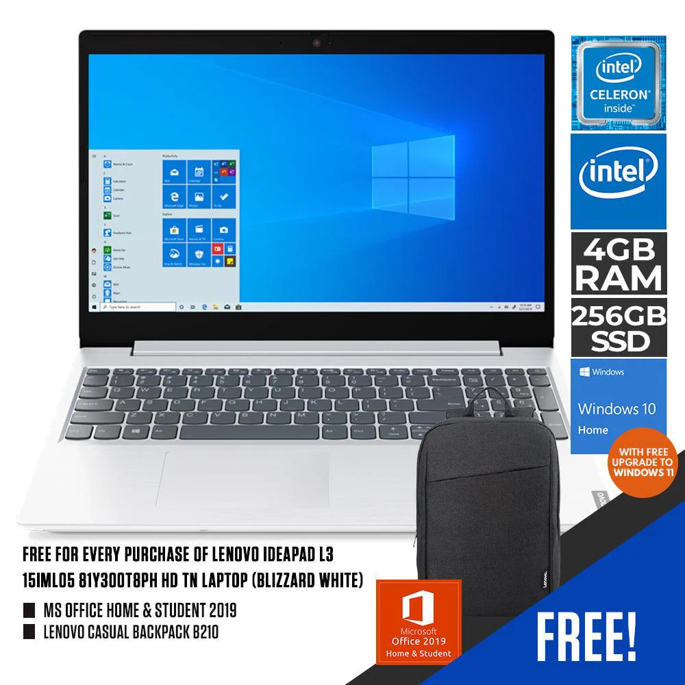 LENOVO IDEAPAD L3 15IML05 81Y300T8PH HD LAPTOP (BLIZZARD WHITE) | 15.6” | 4GB DDR4 | 256GB SSD | INTEL INTEGRATED | WIN10 + MS OFFICE HOME & STUDENT LENOVO CASUAL BACKPACK B210