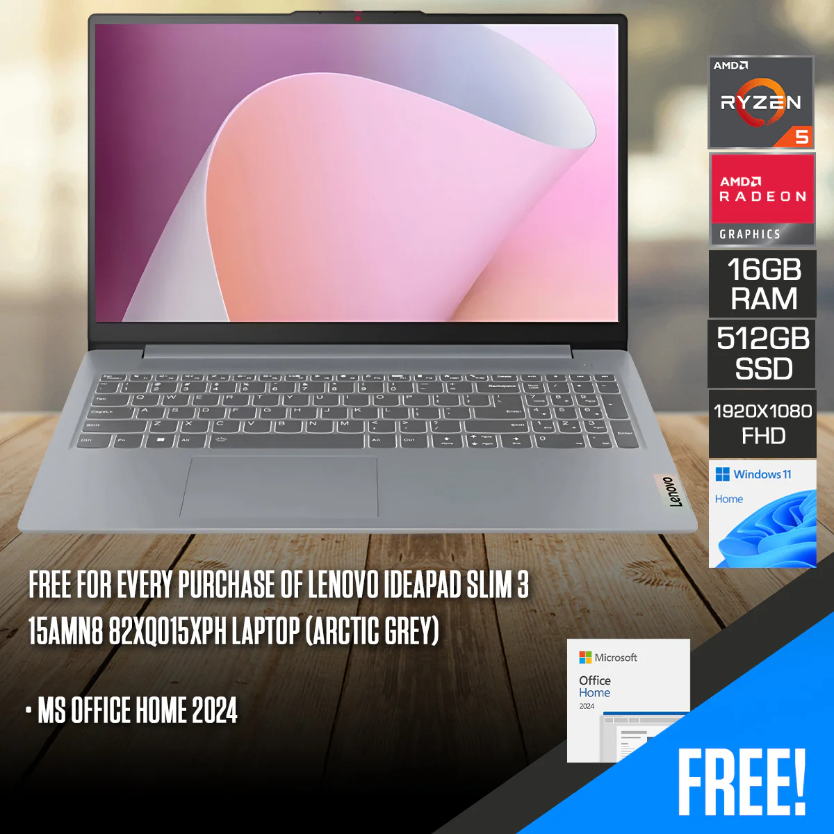 Lenovo IdeaPad Slim 3 15AMN8 82XQ015XPH Laptop (Arctic Grey) | 15.6" FHD (1920x1080) TN | Ryzen 5 7520U | 16GB RAM | 512GB SSD | AMD Radeon 610M Graphics | Windows 11 Home | MS Office Home 2024