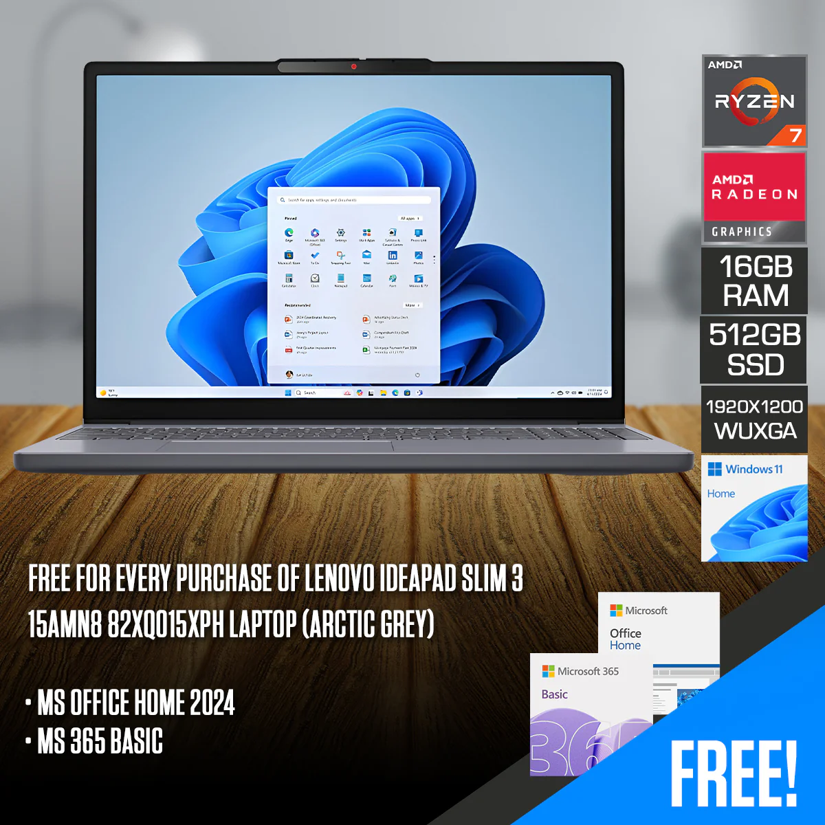 Lenovo IdeaPad Slim 3 15ARP10 83K700HXPH Laptop (Luna Grey) | 15.3" WUXGA (1920x1200) IPS | Ryzen 7 7735HS | 16GB RAM | 512GB SSD | AMD Radeon 680M Graphics | Windows 11 Home | MS Office Home 2024 + MS 365 Basic