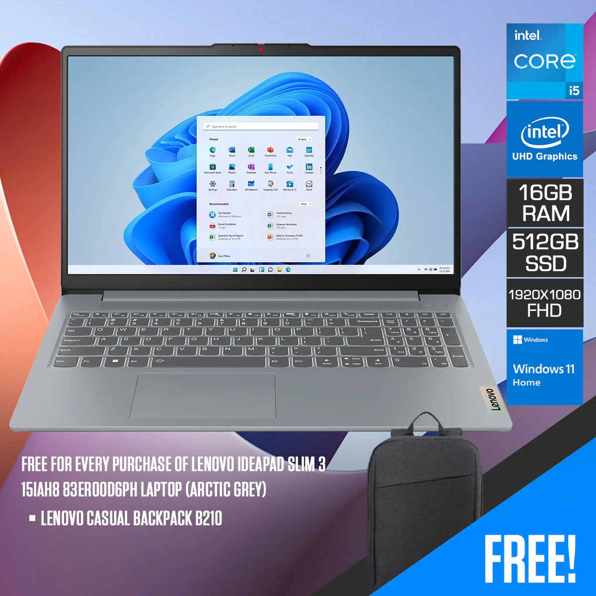 Lenovo IdeaPad Slim 3 15IAH8 83ER00D6PH Laptop (Arctic Grey) | 15.6" FHD (1920x1080) TN | i5-12450H | 16GB RAM | 512GB SSD | Integrated Intel UHD Graphics | Windows 11 Home  | Lenovo Casual Backpack B210